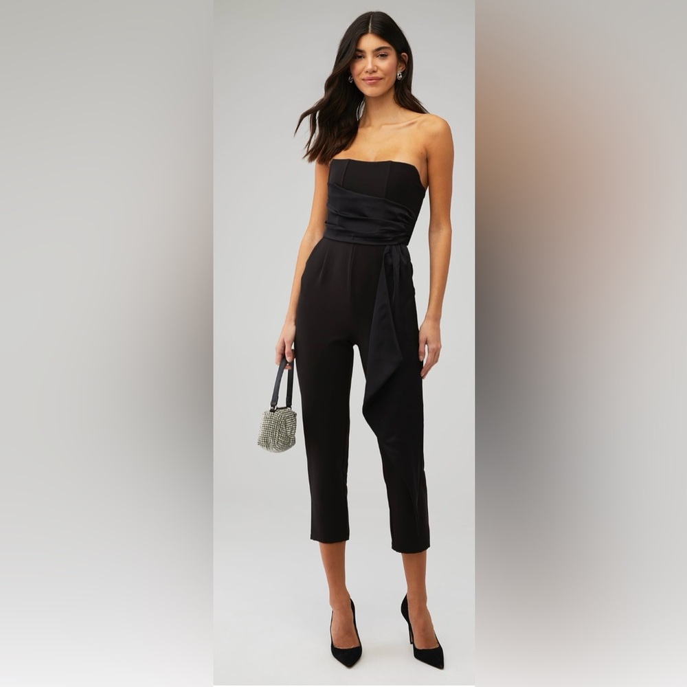 Steve Madden Harlen Strapless Black Jumpsuit Draped Sash Cropped